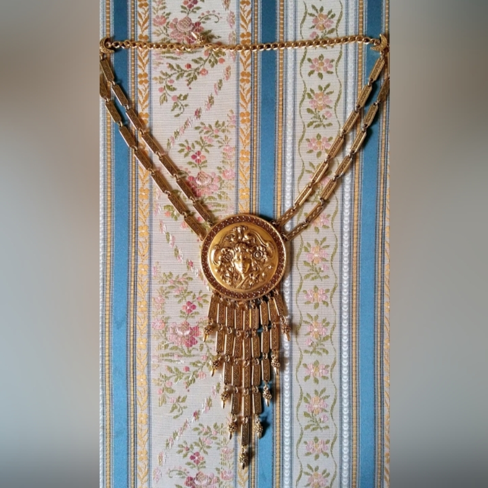 Vtg 1960s Art Nouveau Lady Fringe Statement Necklace, by Goldette